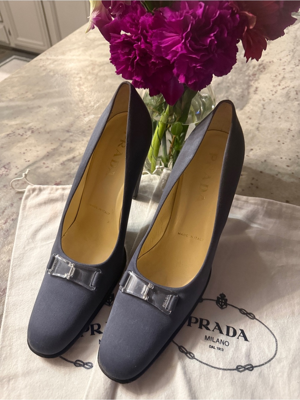 Prada Slate Po de Soie Satin Block-Heel Pumps - Picture 9 of 9